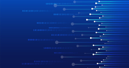 Poster - Abstract digital background with binary code and connected dots on a blue gradient. Concept of data flow, information processing, and modern technology communication.