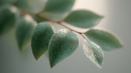 Wall Mural - capture minimalistic close-up of dewy leaves on tree with morning light creating gentle highlights