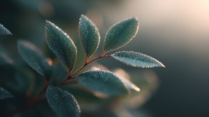 Wall Mural - capture minimalistic close-up of dewy leaves on tree with morning light creating gentle highlights