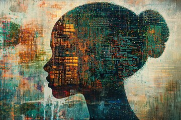 Wall Mural - creative silhouette of a woman merging with digital technology art