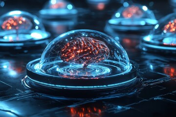 Wall Mural - futuristic concept of digital brain inside dome with neon glow