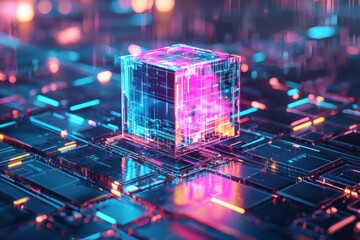 Wall Mural - abstract 3d cube surrounded by glowing neon lights and circuitry
