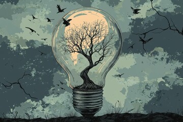 Wall Mural - creative light bulb concept with tree and birds in surreal landscape