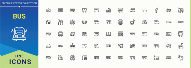 Bus icon collection. School Bus icon set. Minimalist editable vector stroke. Contain linear sign shuttle, car, transport, transportation and more. Vector collections.