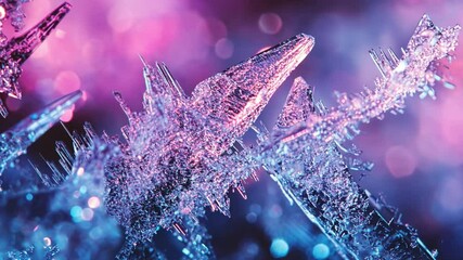 Wall Mural - Experience mesmerizing close-ups of sparkling ice crystals. This footage showcases intricate designs and vibrant colors. Ideal for artistic and educational uses. Generative AI.