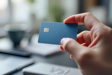 Fototapete - A hand holds a blue card with a chip, set against a blurred background of a modern workspace with other cards and a cup.