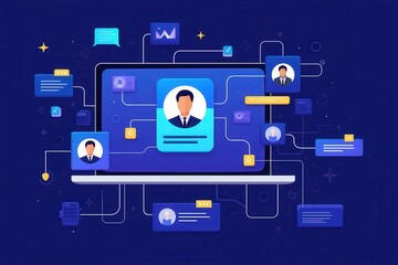Aufkleber - A digital illustration depicting interconnected profiles and communication elements on a laptop against a blue background, symbolizing networking and technology.