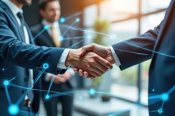 Poster - Two business professionals shake hands, symbolizing partnership and collaboration amidst a tech-themed backdrop with digital connections.