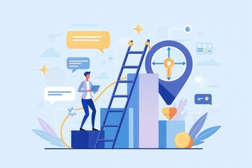 Poster - A person climbs a ladder surrounded by graphs and chat bubbles, symbolizing progress and communication in a digital landscape.