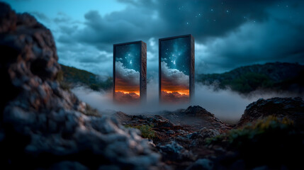 Wall Mural - two large, mirrored, glass doors are shown in a foggy, misty landscape