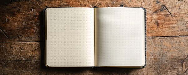 Poster - Blank open notebook on a wooden table, ready to be filled with thoughts and ideas