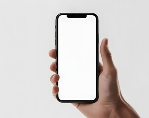 Hand holding a smartphone with a blank white screen