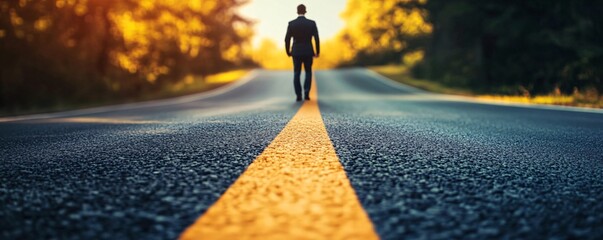 Poster - Businessman strolling down a deserted road at sunset, with the yellow line in the center of the road in the foreground