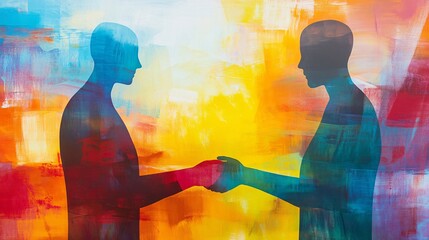Poster - Two professionals exchanging a handshake against a vibrant artistic backdrop