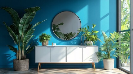 Fototapete - A serene room showcases a rich blue wall adorned with a round mirror, complemented by elegant indoor plants. Sunlight pours in, enhancing the warmth of the wooden furniture.