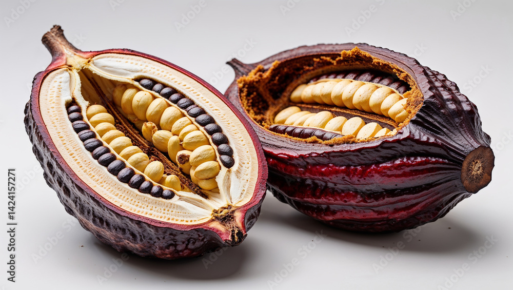 Cross Section Of Two Cocoa Pods Revealing Beans And Detailed Texture ...