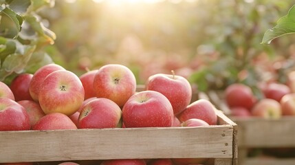Poster - Red ripe apples spilling from wooden crate with orchard and setting sun in background