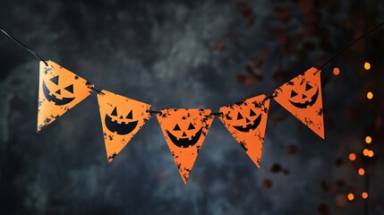 Aufkleber - Halloween garland with pumpkin faces hanging on a dark background with copy space