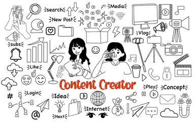 content creator influence hand drawn doodle icon set element