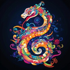 Leinwandbilder - Psychedelic serpent with vibrant colors, tongue out, and surrounded by floral patterns on a dark backdrop