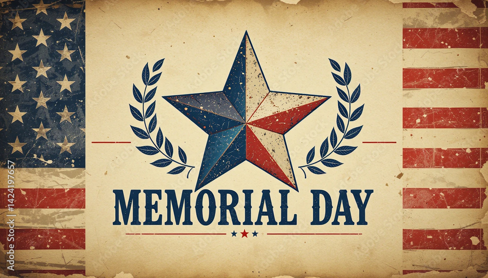 Vintage patriotic Memorial Day banner with American flag retro star ...