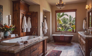 Poster - Large bathroom with a bathtub, sink, and toilet. The bathroom is decorated with a lot of wood and has a tropical feel