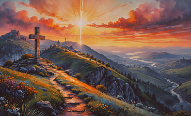 Poster - Painting of a cross on a hill with a river in the background. The painting has a peaceful and serene mood, with the sun shining brightly on the cross and the mountains in the distance. The colors used
