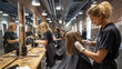 © Frank Gärtner - Hairdresser wearing gloves cutting the hair of a customer in a busy salon, with other hairdressers working in the background