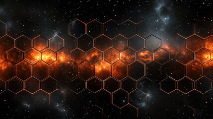 Abstract hexagonal pattern with fiery nebula in space.