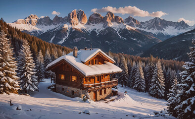 Poster - Cozy cabin in the woods with a view of snow-capped mountains. The cabin is surrounded by pine trees and the snow-covered ground. Concept of warmth and comfort