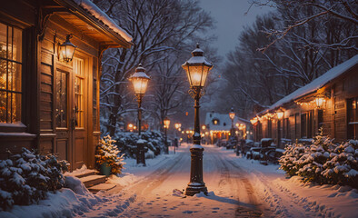 Poster - Snowy street with a street lamp and a building with a window. The street is lit up and the snow is covering the ground