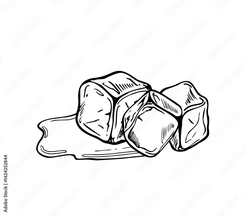 Monochrome melting ice cubes with spreading water puddle vector ...