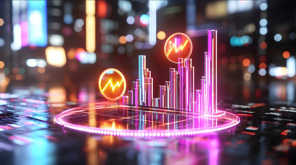 A visually striking 3D rendering of a glowing bar chart with vibrant uptrend indicators featuring sleek buy and sell buttons cinematic tones and space for text