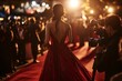 © Oleh - Famous actress wearing an elegant red dress is walking on the red carpet during a movie premiere, while a press photographer is taking pictures of her