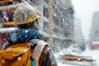 © CojanAI - Construction worker in winter gear observing building site under snowfall