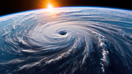 Fototapete - A hurricane is depicted in the image, showing its powerful spiral structure as it approaches land.