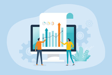 Poster - flat vector illustration business data analytics design. people marketing team working. business finance investment concept. graph information document analysis