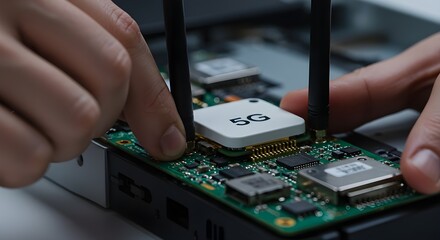 Close-up of Hands Installing a 5G Module on Electronic Circuitry
