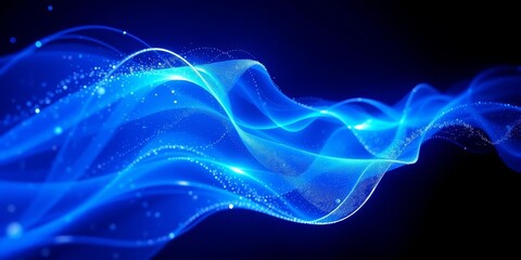 abstract glowing blue plasma wave, vibrant core, dynamic electric particles on dark blue , mystical,
