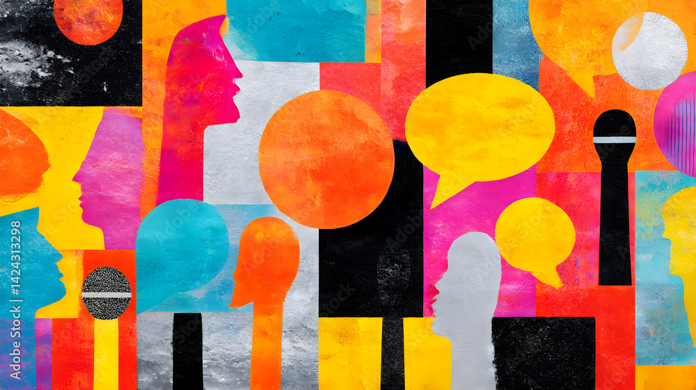 Colorful abstract collage of human profiles and speech bubbles ...