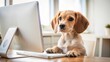© DigitalArt - Take Your Dog to Work Day A beagle puppy curiously types on a computer keyboard at a desk.