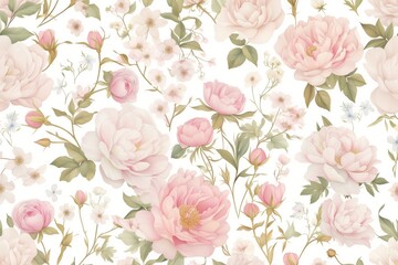  A seamless pattern of pink peonies and wild flowers painted in watercolor