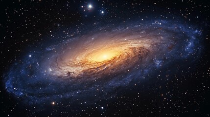 Wall Mural - a spiral galaxy with a yellow center. the galaxy is filled with stars and is very large. the stars a