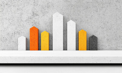 Abstract representation of business growth with colorful geometric bars showcasing sharp angles and textures against a minimalist concrete background