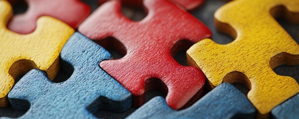 Poster - Colorful wooden puzzle pieces connecting together on dark background