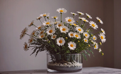 Poster - Vase of white daisies sits on a table. The flowers are arranged in a way that makes them look like they are in a field. The vase is clear and the flowers are bright and cheerful