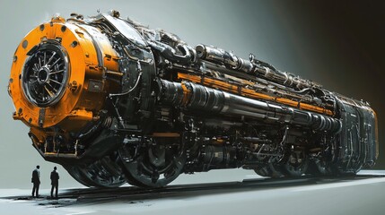 Poster - Two engineers observing a giant futuristic steam train engine