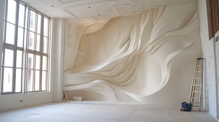 Poster - Modern empty room with sculptural relief wall being constructed