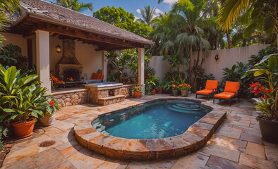 Poster - Pool with a stone wall and a patio with a fire pit. The pool is surrounded by potted plants and there are chairs and a bench nearby