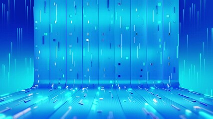 Wall Mural - abstract digital background featuring glowing blue vertical lines, data blocks, and a curved floor c